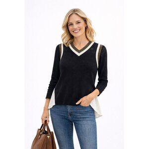 Veronica Beard Layered Knit Blouse Top Black White V-Neck Size Small